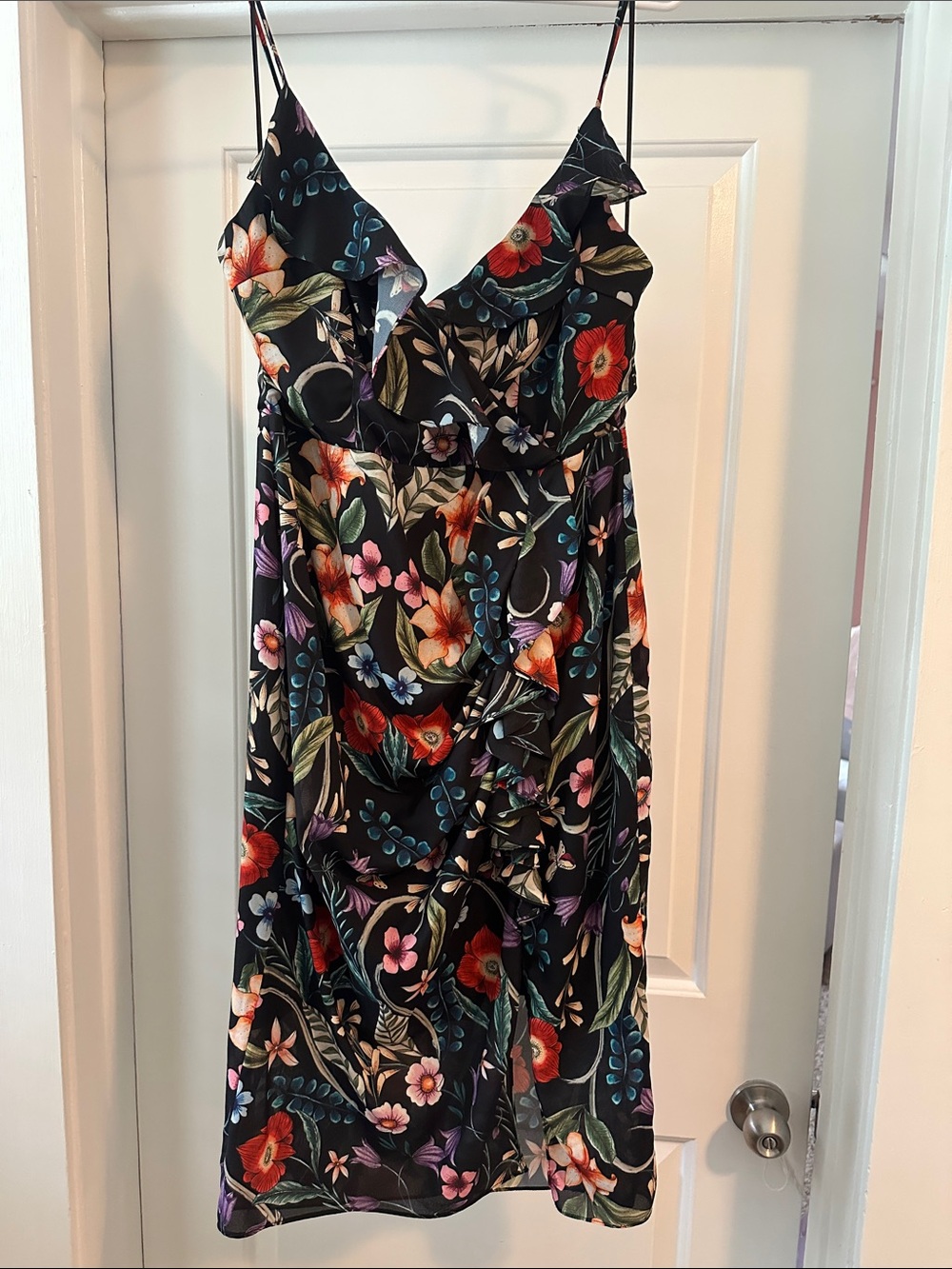Black Floral Ruffle Midi Dress with Spaghetti Straps